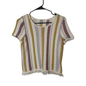 Madewell Striped Sweater Tee Fringe Hem Women XS Short Sleeve Knit Cotton Blend